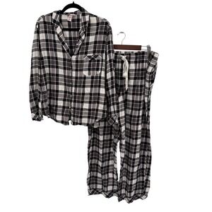 Victorias Secret Women's XL 2pc Pajama Lounge Set Pink Black Plaid Flannel Lurex